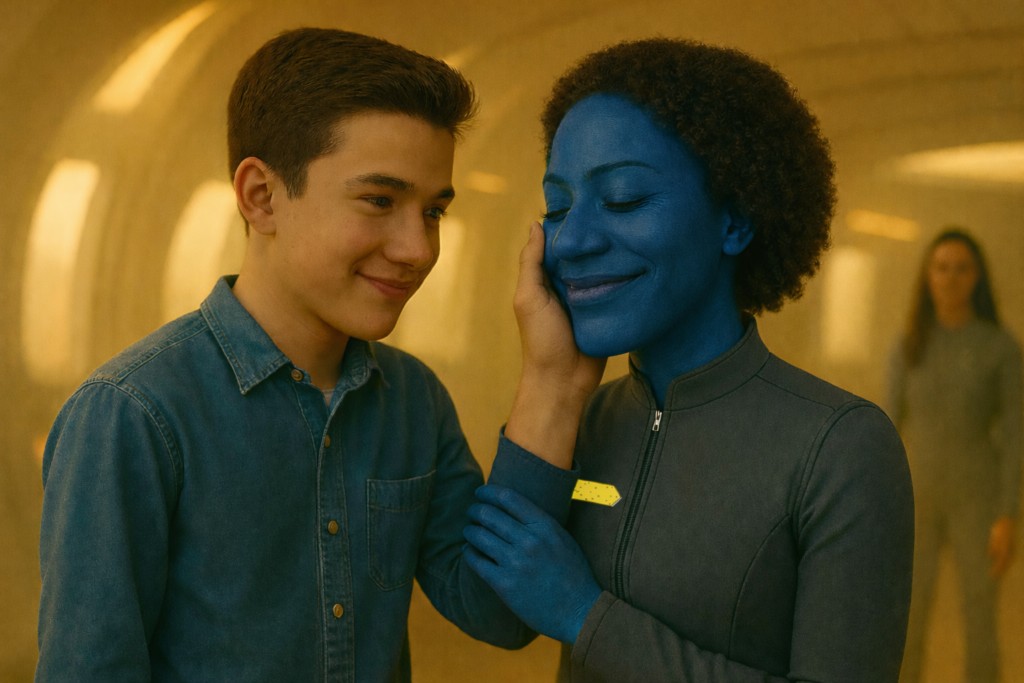 Illustration de la rencontre d'Andreas avec la femme à la peau bleutée à bord du vaisseau qui fait poser la main d'Andreas sur son visage en signe de bienvenu amical.