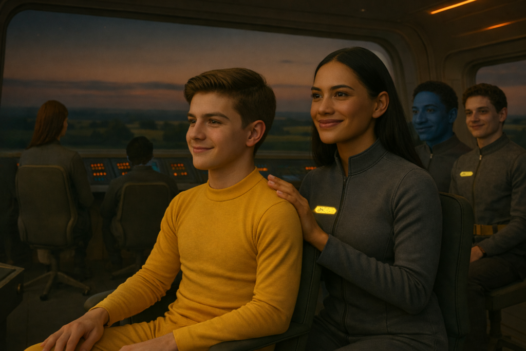 Image illustrative d'Andreas installé aux côtéd de Dagolo qui le rassure, dans le vaisseau qii s'apprête à décoller.