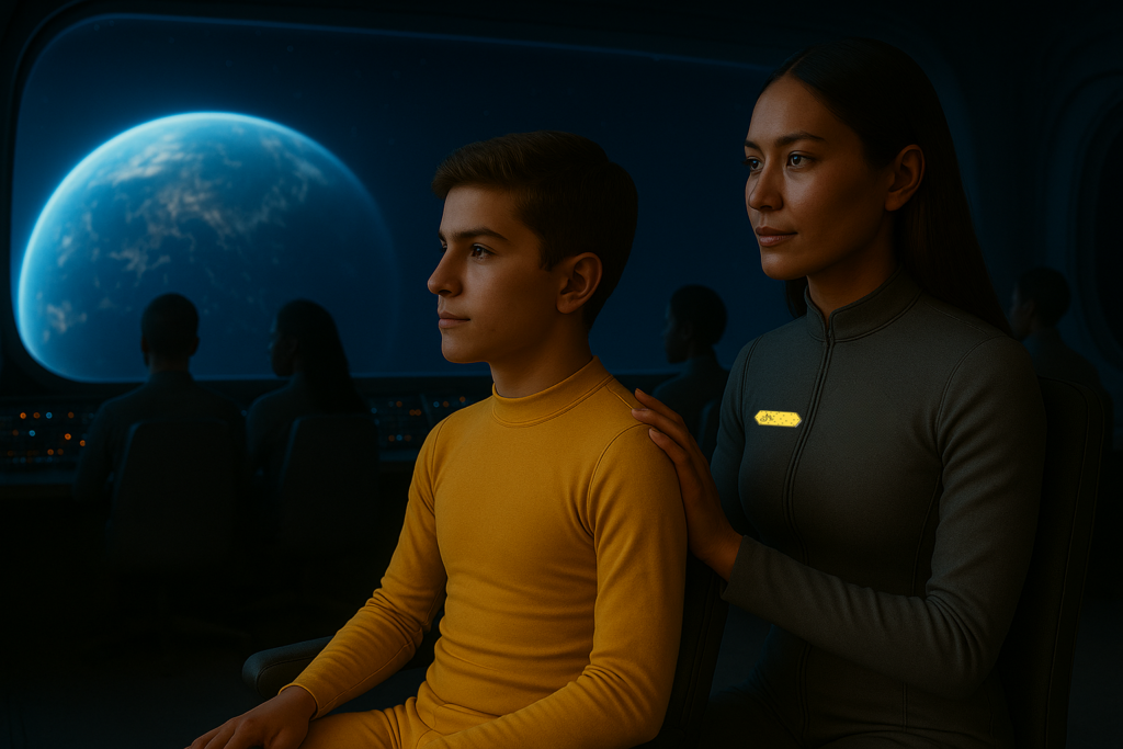 Image illustrative d'Andreas aux côtés de Dagolo dans le vaisseau qui est maintenant en train de quitter l'orbite terrestre.