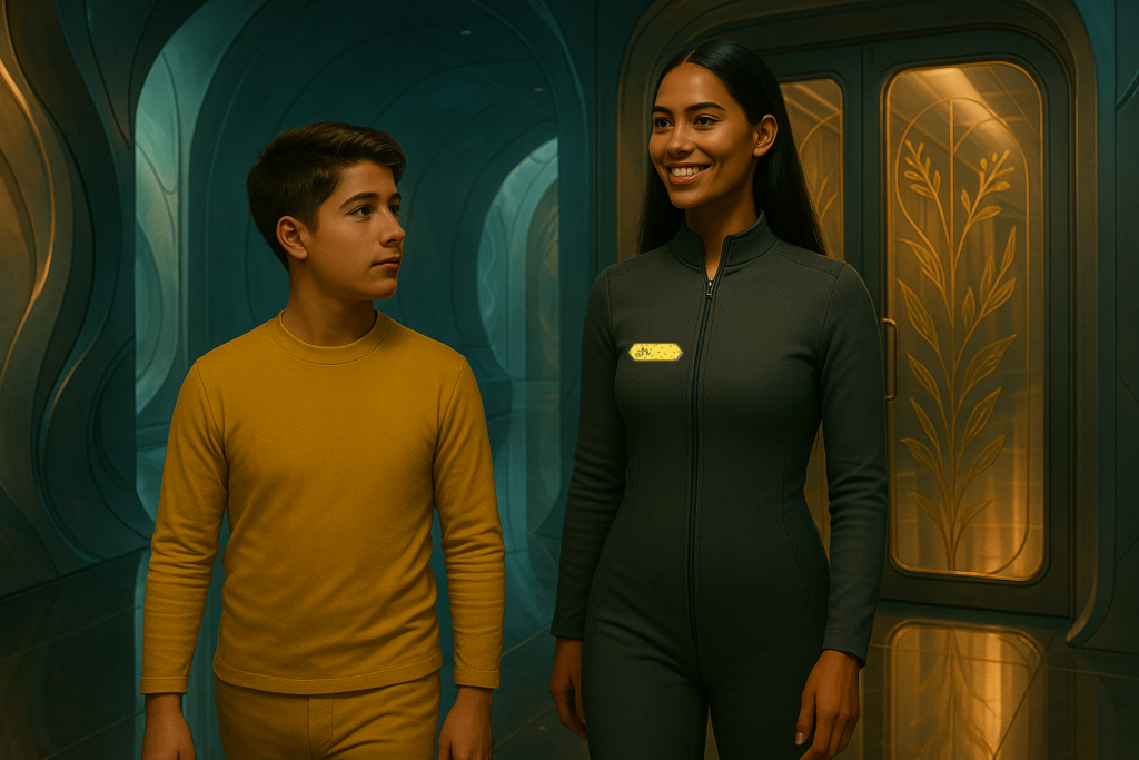 Image illustrative de l'arrivée d'Andreas avec Dagolo d'Aldebaran devant des portes vitrées avec des motifs dans le vaisseau Zubringer, dont une avec motif floral qu'ils franchiront ensemble.