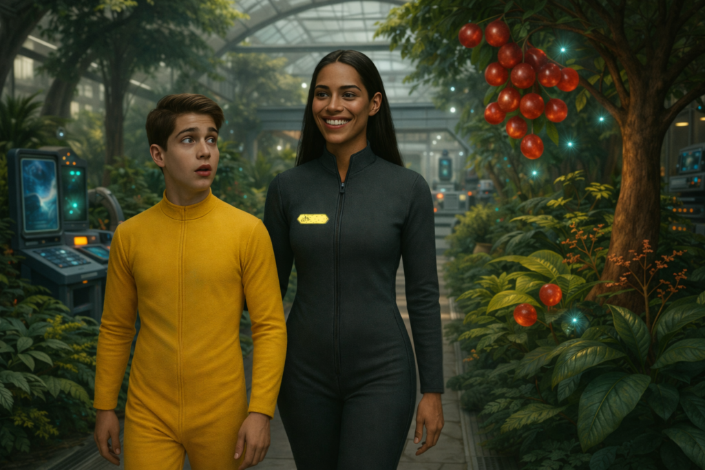 Image illustrative de la visite d'Andreas avec Dagolo dans la section des plantes de cette pièce du vaisseau Zubringer d'Aldebaran, et l'arbre aux boules rouges translucides qui attire les insectes lumineux entre autres choses.