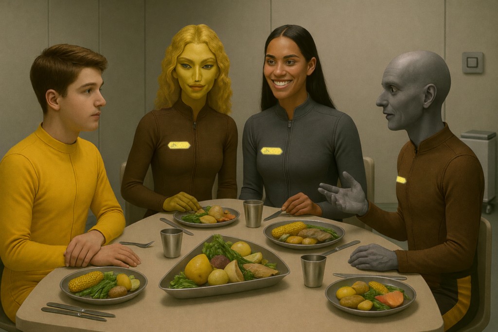 Image illustrative de la scène du repas d'Andreas dans le vaisseau Zubringer avec la femme de la planète GNE (peau jaune et cheveux ondulés), Dagolo de la planète ARIAN du système d'Aldebran (cheveux longs bruns et peau cuivrée) et l'homme de la planète ORO du même système d'Aldeberan (chauve à peau de couleur grisâtre).