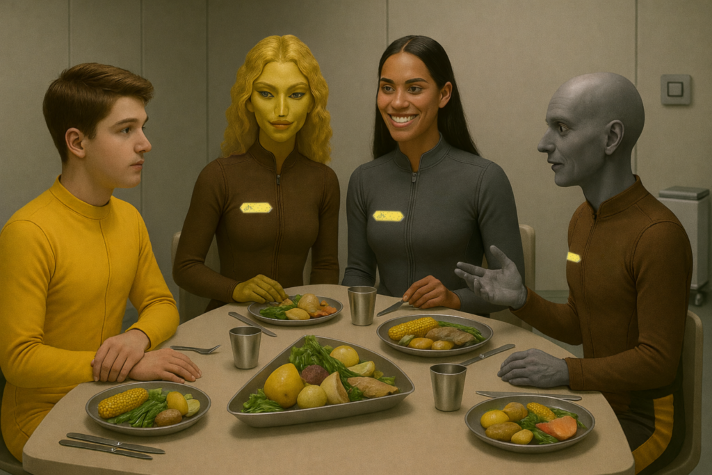 Image illustrative de la scène du repas d'Andreas dans le vaisseau Zubringer avec la femme de la planète GNE (peau jaune et cheveux ondulés), Dagolo de la planète ARIAN du système d'Aldebran (cheveux longs bruns et peau cuivrée) et l'homme de la planète ORO du même système d'Aldeberan (chauve à peau de couleur grisâtre).