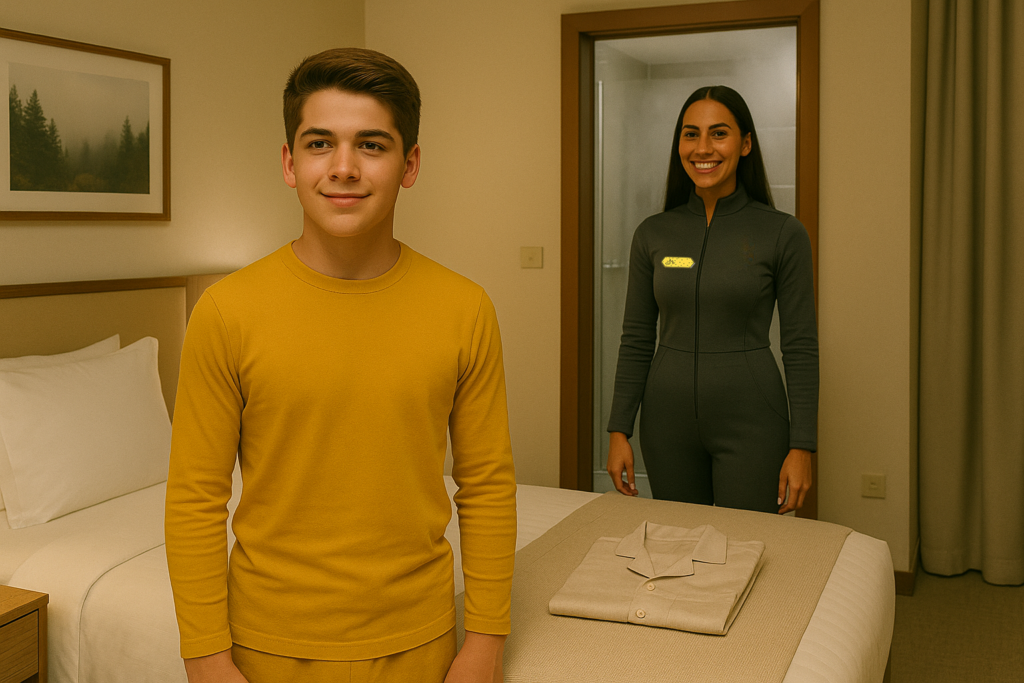 Image illustrative de la chambre d'Andreas montrée par Dagolo, aménagée comme une chambre d'hôtel terrienne pour qu'il se sente en terrain connu.