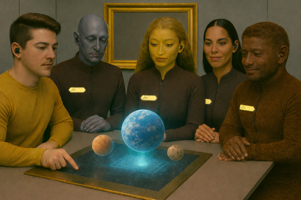 Image illustrative de la réunion organisée par Dagolo pour Andreas avec 3 de ses collègues scientifiques, pour lui enseigner leur histoire et leur passé.