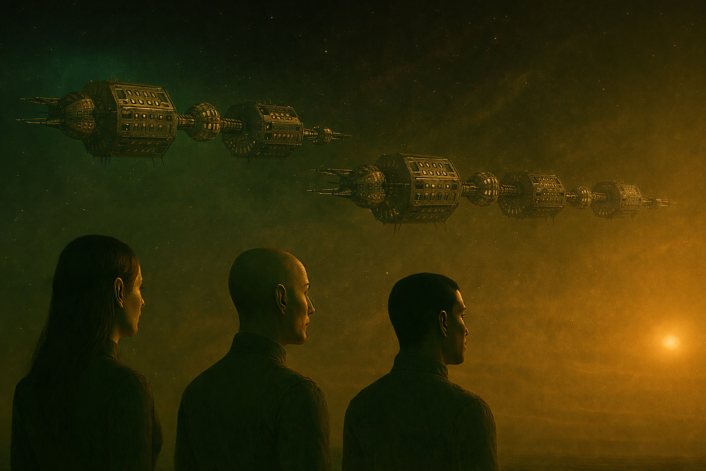 Image illustrative du départ des 3 grands vaisseaux d'exploration et colonisation emportant chacun 480 000 Chetene pour rebâtir une nouvelle civilisation ailleurs après que leur peuple ait été presque décimé par le virus sur leur monde.