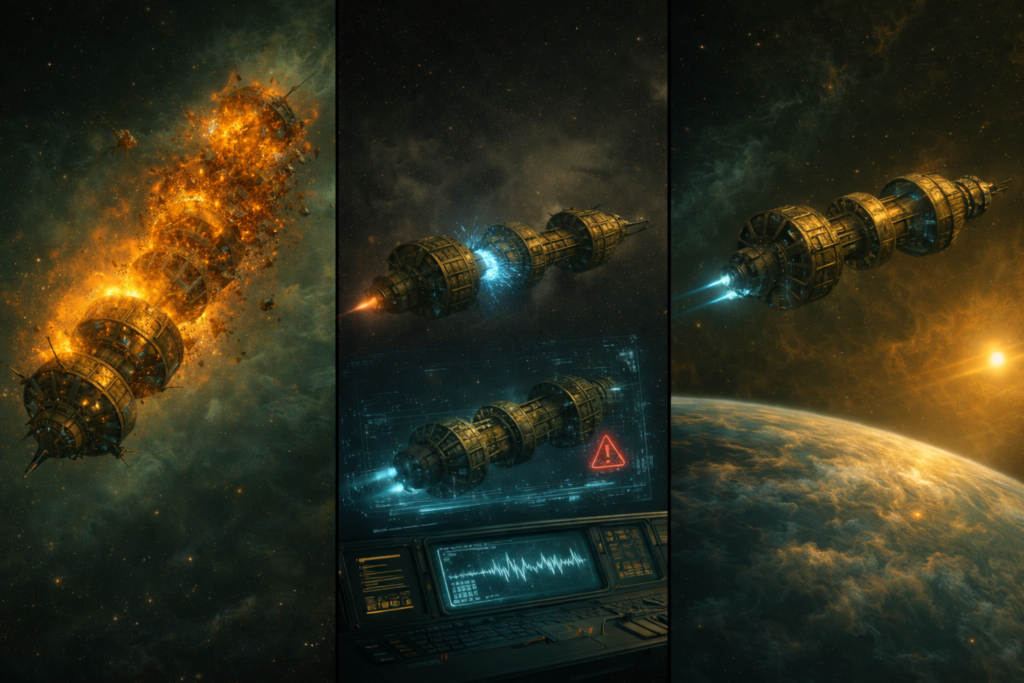 Image illustrative du destin des 3 vaisseaux de colonisation envoyés dans la galaxie par les Chetene : un seul continuera sa route avec succès.