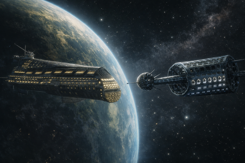 Image illustrative de la rencontre de premier contact entre le vaisseau Lavanien à gauche et le vaisseau navette des Chetene à droite, généré selon les dessins du livre d'Andreas.