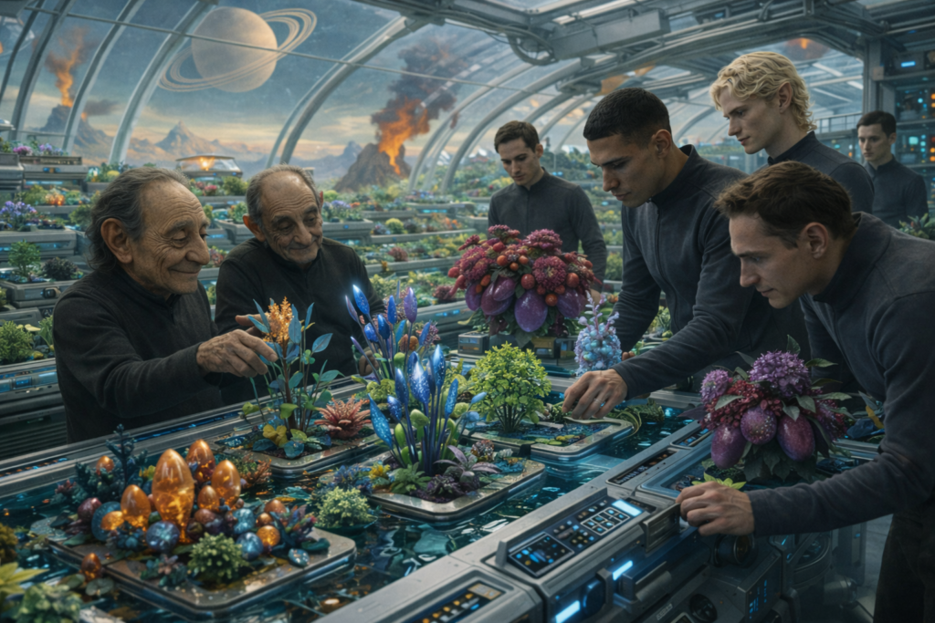 Image illustrative de la coopération scientifique des Chetene à la transmission de connaissances et techniques botaniques permettant aux Lavaniens de nouvelles cultures sur leur monde.