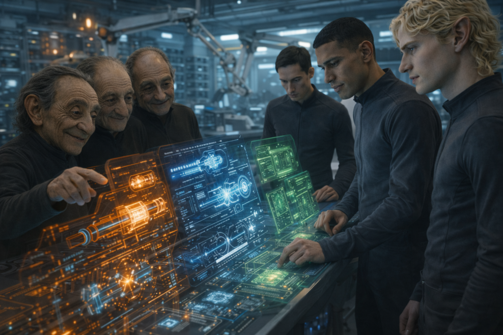 Illustration de l'échange de connaissances des Lavaniens concernant les armements énergétiques donnés aux Chetene pour mieux défendre leur vaisseau.