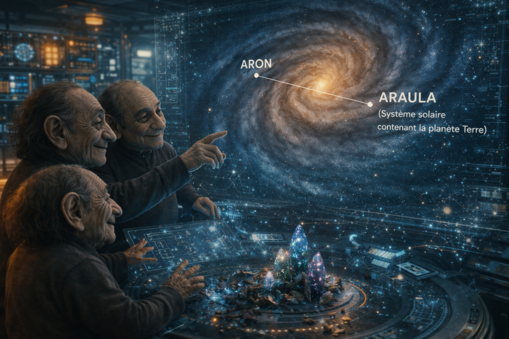Image illustrative du partage de l'information par les Lavaniens de Aron sur la position du système Araula qui serait idéal pour les Chetene, situé à l'opposé de leur position dans la galaxie à plus de 90 000 années-lumières.