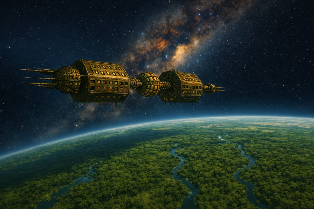 Illustration de la mise en orbite du vaisseau Chetene autour de la planète entre Mars et Jupiter appelés par eux la "nouvelle Chetene".