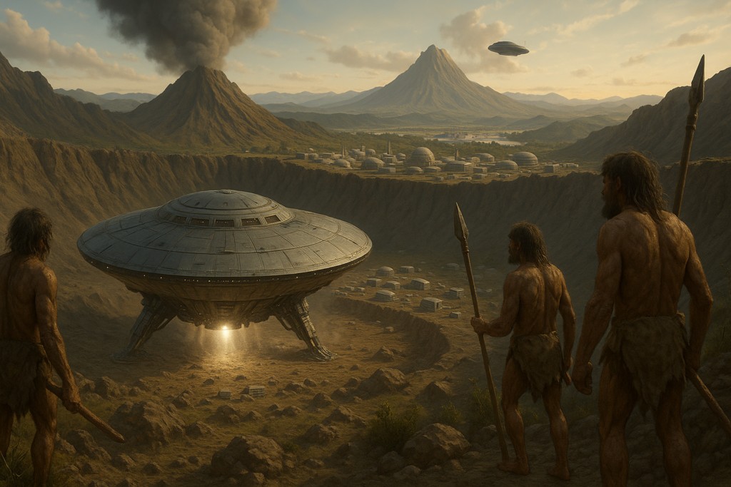 Image illustrative de la découverte de races humanoïdes primitives sur Terre par les Chetene lors de leur exploration de la Terre, après la reprise de leur programme spatial suite à redécouverte de leurs archives scientifiques perdues.
