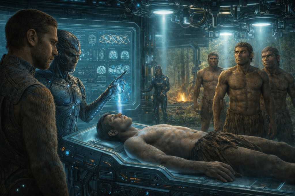 Illustration des terriens de la race primitive qui furent modifiés génétiquement par la civilisation qui exploitait les mines afin d'avoir une main d'oeuvre supplémentaire qui lui était nécessaire.