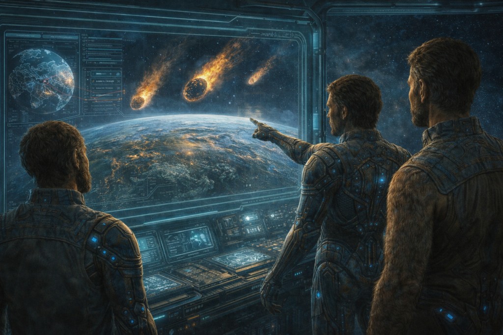Image illustrative des 3 corps qui allaient frapper la Terre, dont 2 seulement durent déviés par les Palliens, le 3ème provoquant un cataclysme, comme expliqué à Andreas.