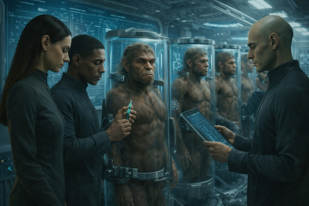 Illustration de la recherche Chetene sur la génétique de la race primtive peuplant la Terre, issue de modifications de civilisation passées venues exploiter des mines sur Terre et adapté les races pour les aider à ce travail. Les Chetene veulent poursuivre les modifications génétiques plus loin pour en faire des êtres leur ressemblant plus.