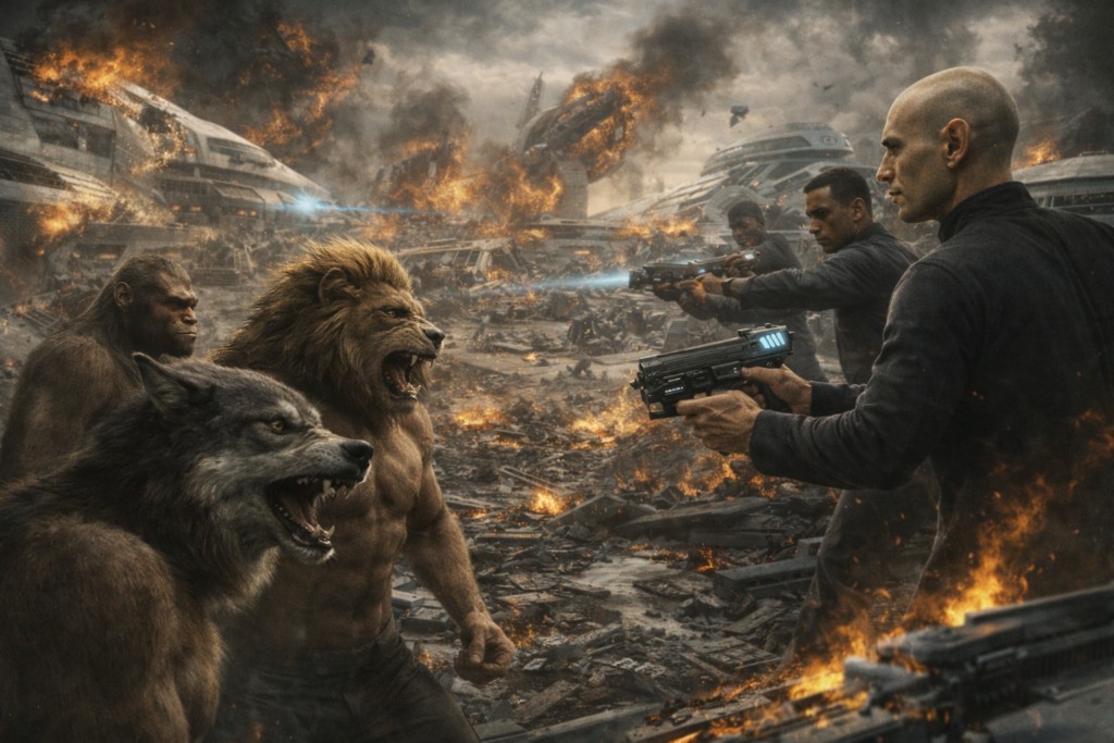 Image illustrative de la situation dramatique tournant au conflit guerrier à cause de créations génétiques par les Chetene d'êtres hybrides avec des animaux, leur monde était devenu un monde de guerre.