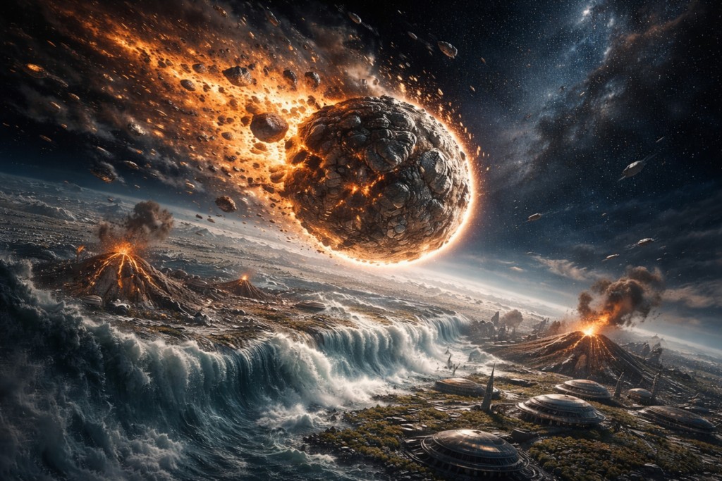 Illustration de la planète Chetene soumise au cataclysme d'un météore géant qui la frappe et conduira à sa destruction par des conséquences secondaires de changement de son orbite la menant à rupture par collision ultérieure.