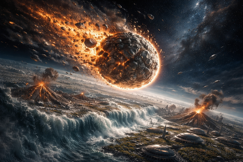 Illustration de la planète Chetene soumise au cataclysme d'un météore géant qui la frappe et conduira à sa destruction par des conséquences secondaires de changement de son orbite la menant à rupture par collision ultérieure.
