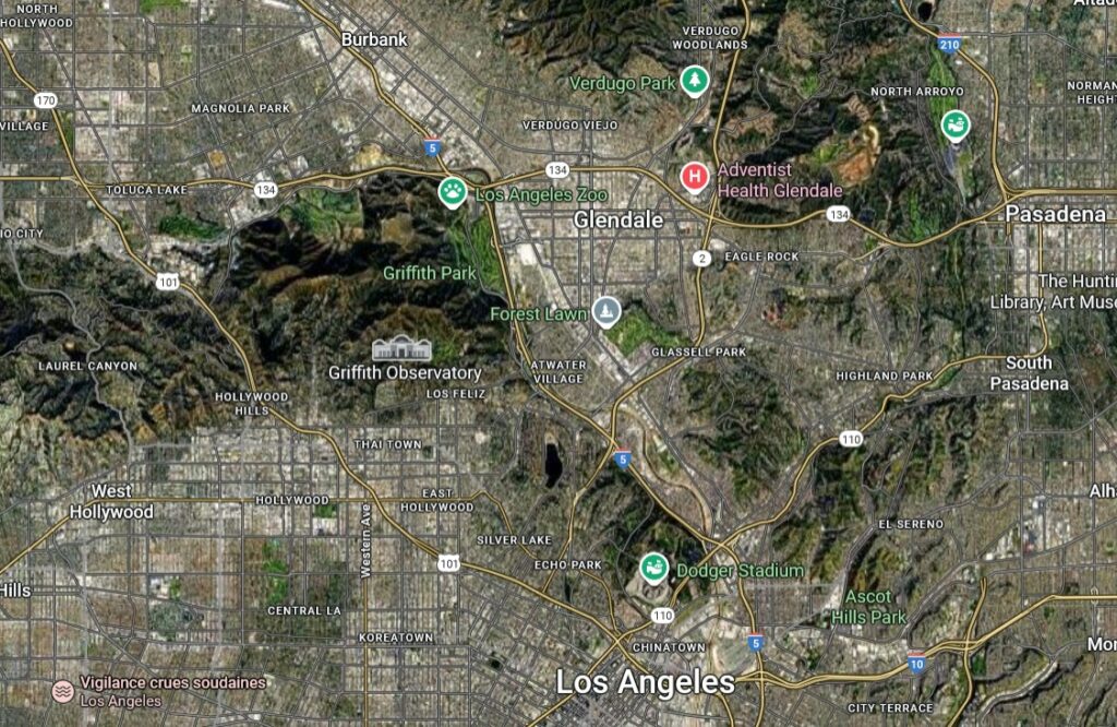 Entre Burbank en haut à gauche et Los Angeles en bas au milieu, zone en voiture où Orfeo Angelucci vit l’objet volant et eut son premier contact avec les gens de l'ancienne planète Lucifer.