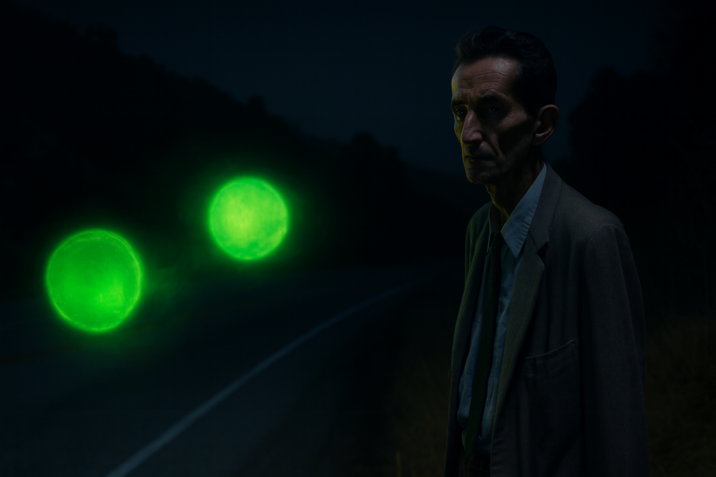 Image illustrative fictive de l’observation des deux disques verts par Orfeo Angelucci. Premier contact des habitants de l'ancienne planète Lucifer.