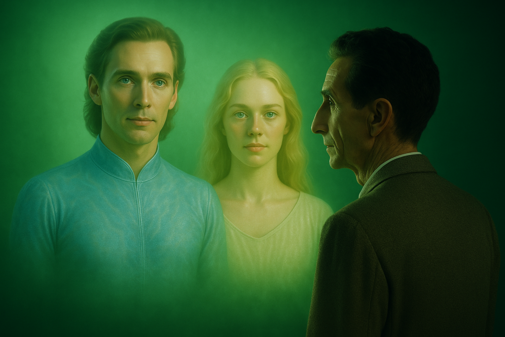 Image illustrative des deux personnes qu'Orfeo voit dans la brume verte servant d'écran entre les deux disques flottants. Plus tard il les reconnaûra comme Lyra et Orion, deux habitants de l'ancienne planète Lucifer.