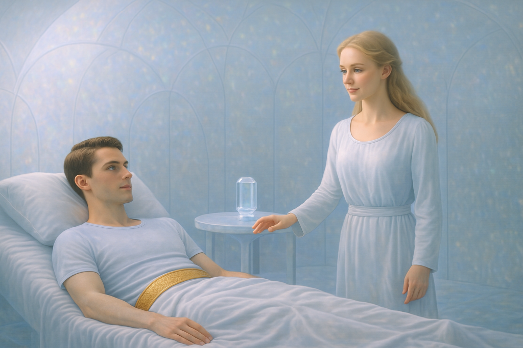 Illustration fictive de Orfeo dans sa nouvelle apparence qui est celle qu'il avait auparavant sur Lucifer quand il vivait sur leur monde, après son réveil, accueilli par Lyra.