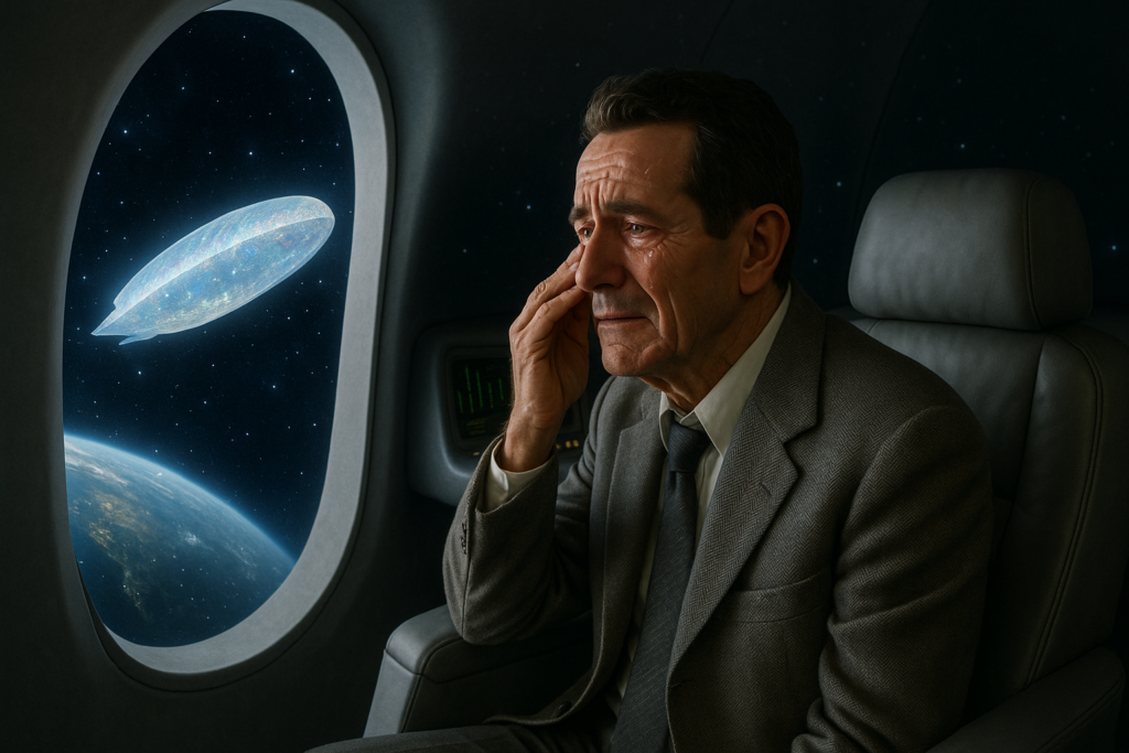 Image illustrative d'Orfeo ému en regardant le spectacle du gros vaisseau des habitants de Lucifer dans son champ de vision depis le petit engin spatial en forme d'igloo dans lequel il est.