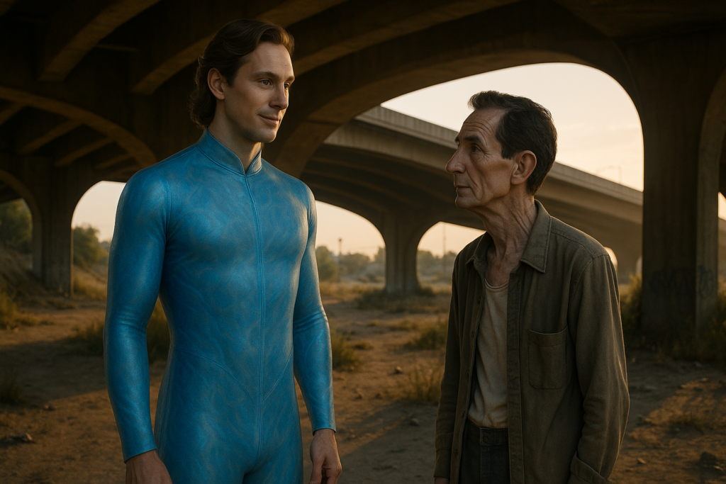 Image illustrative d'Orfeo rencontrant "Neptune" (nommé Astra en fait), sous le pont où il avait vu le vaisseau des anciens habitants de Lucifer en forme d'igloo la première fois.