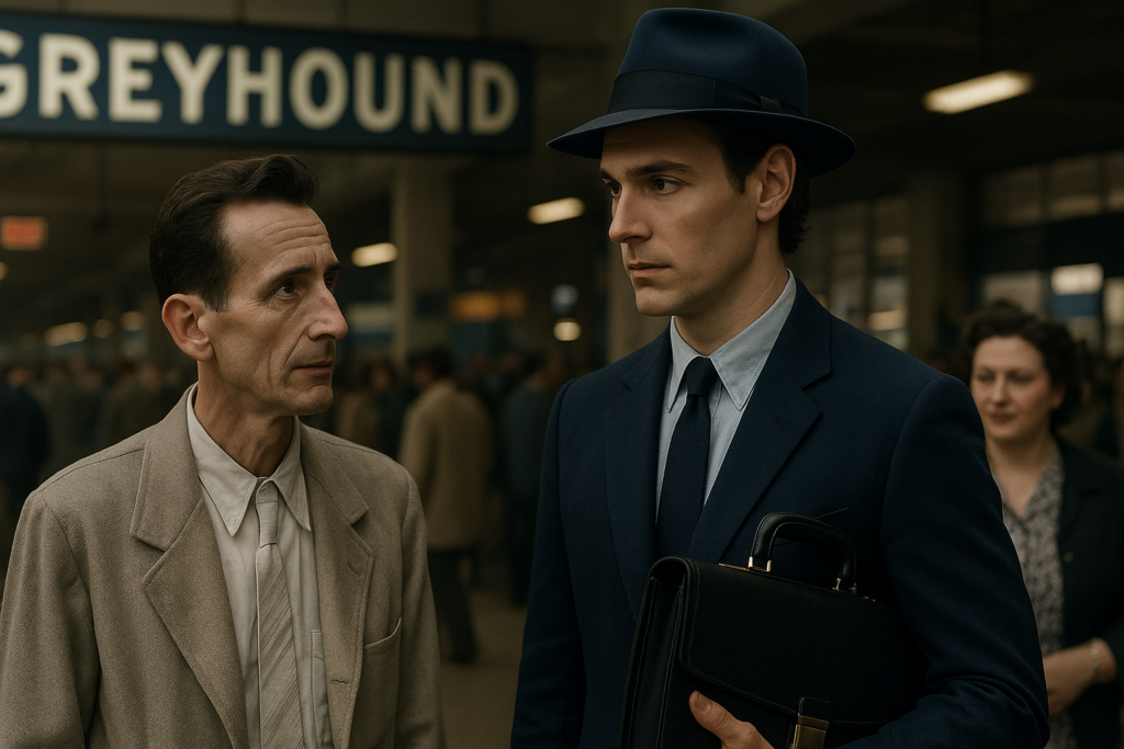 Image illustrative de la rencontre entre Orfeo et Neptune bien physique, infiltré dans la société humaine, en sortie de la gare routière, alors que sa femme est avec lui.