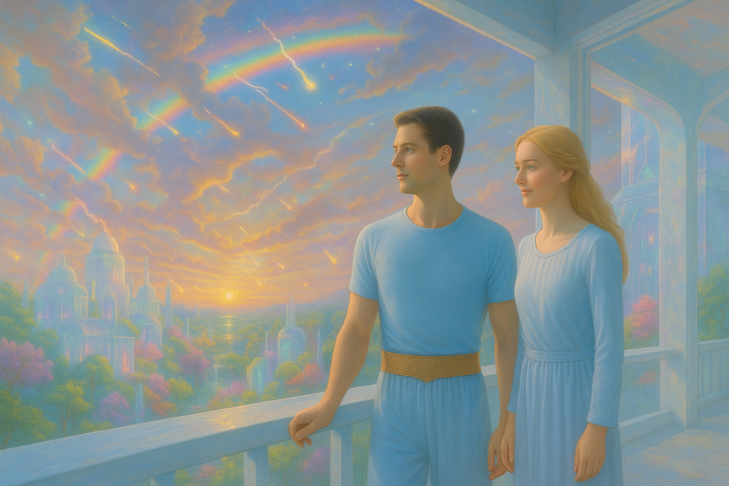 Image illustrative d'Orfeo regardant le superbe paysage depuis le balcon, accompagné de Lyra.