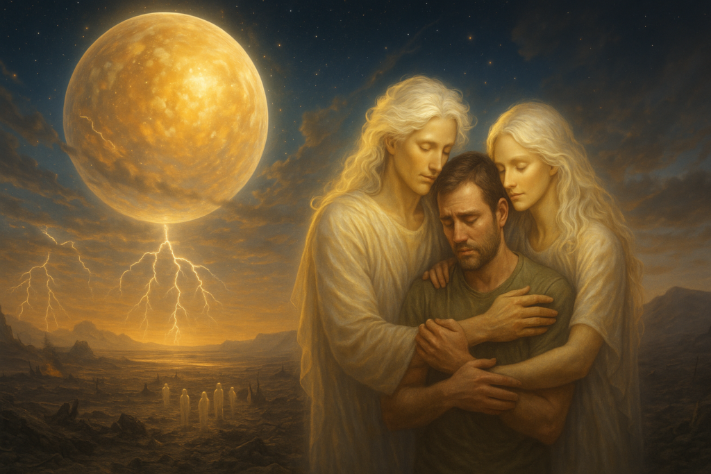 Illustration fictive de la chute de Lucifer et la séparation des personnes de leur monde qui ont oeuvré pour le négatif de celles qui ont refusé.