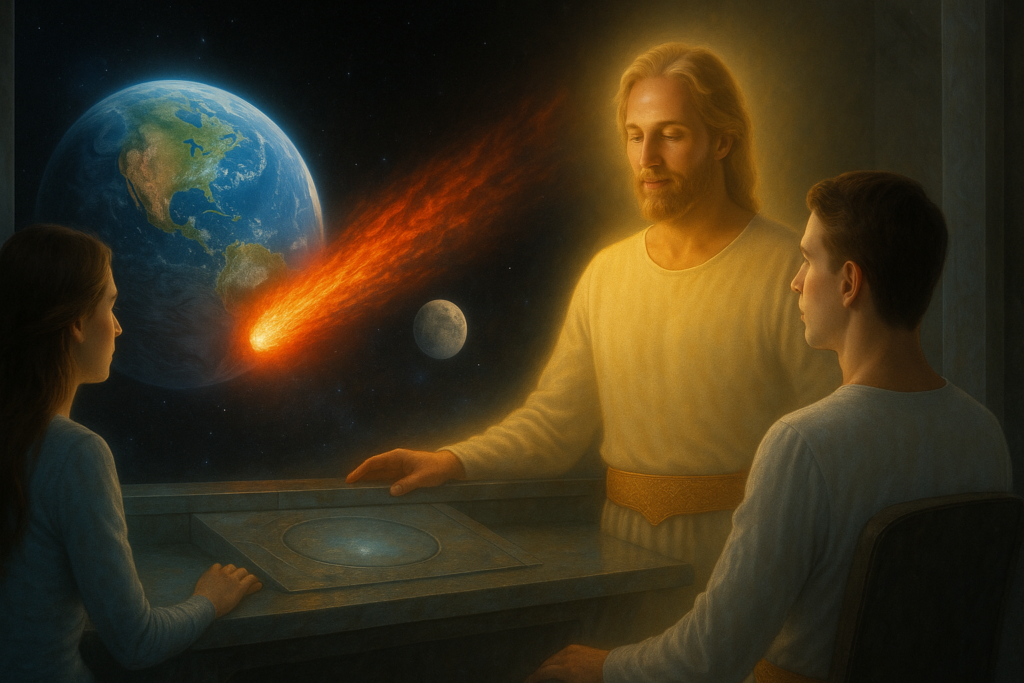 Image illustrative où Orion (ancien habitant de Lucifer) montre à Orfeo, sur un écran de projection un futur possible de la Terre percutée par une comète en 1986.