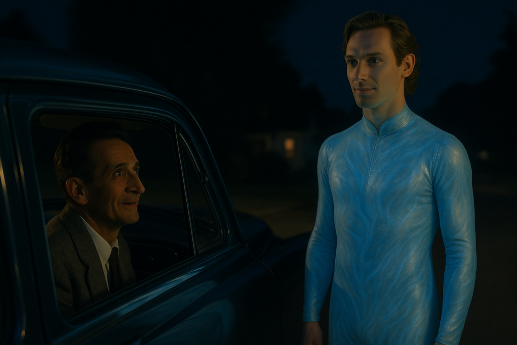 Image illustrative de la rencontre inattendue d'Orfeo avec Neptune (habitant de l'ancienne planète Lucifer)