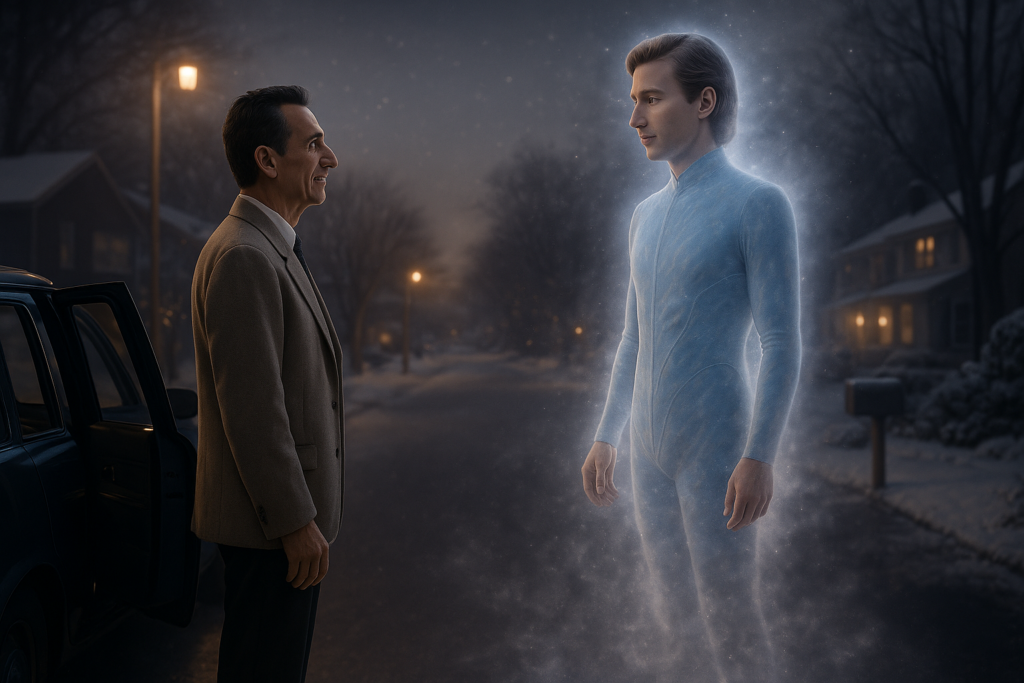 Image illustrative de la disparition dans l'éther de Neptune (habitant de l'ancienne planète Lucifer) devant Orfeo, en fin de leur conversation.