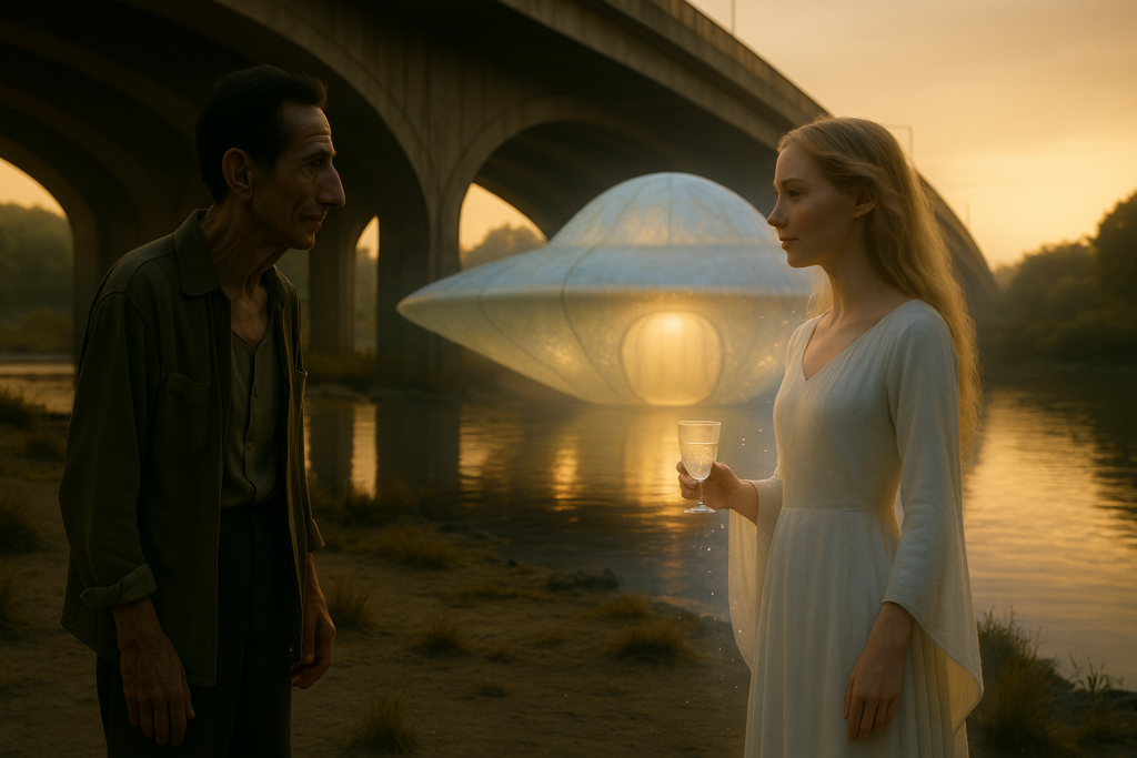 Image illustrative de la rencontre d'Orfeo avec Lyra (habitante de l'ancienne planète Lucifer) vers la rivière sous l'arche du pont.