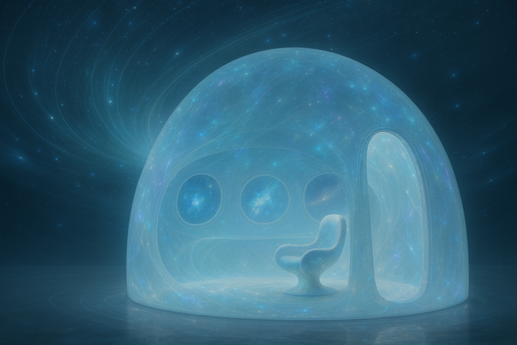 Image illustrative du vaisseau dans anciens habitants de Lucifer en forme d'iglo,o en phase semi-matérielle translucide et irridescent comme le décrit Orfeo.