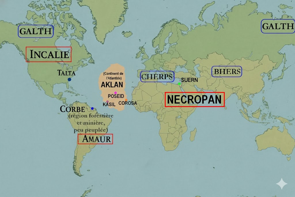 Carte illustrative générée par IA et avec des modifications manuelles, reportant les informations géographiques sur l’Atlantide d’après le texte, de manière schématique, servant de support visuel seulement.