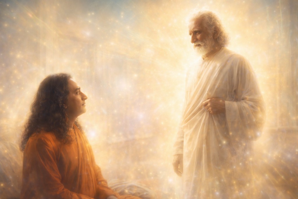 Illustration de l'apparition de Sri Yukteswar à Yogananda dans sa chambre d'hôtel.