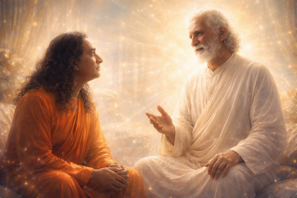 Illustration de la discussion de Yogananda avec Sri Yukteswar dans cette atmosphère de lumière qui imprègne la pièce, dans un calme absolu.