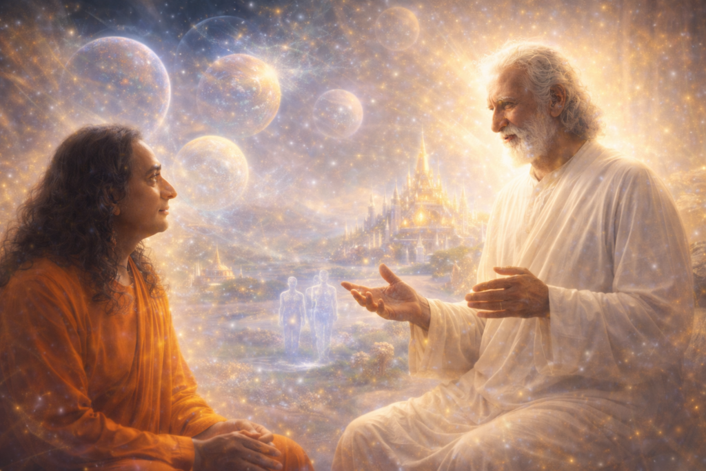 Illustration de la présentation du monde Hiranyaloka parmi les planètes astrales, où Sri Yukteswar a été envoyé avec une mission d'enseignement.