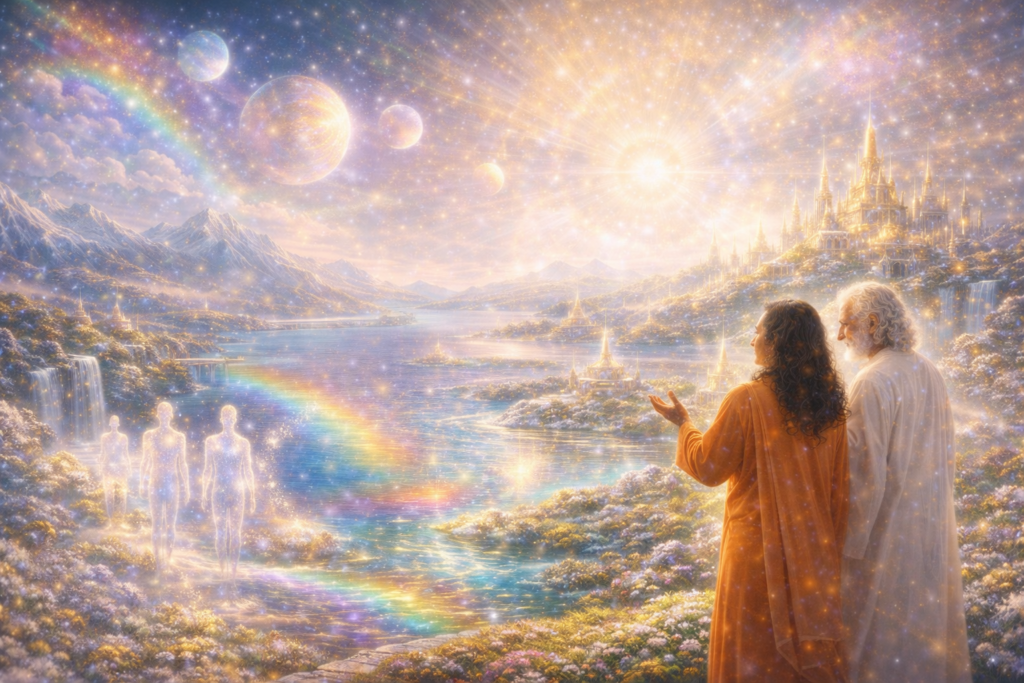 Illustration de la vie sur Hiranyaloka avec un haut niveau de pureté assurant la pleine santé.