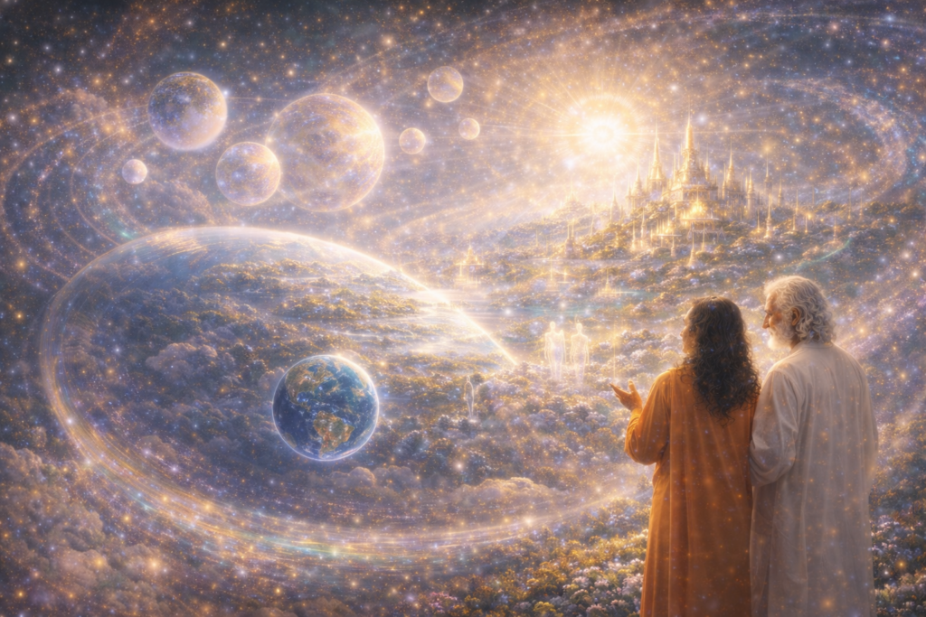 Illustration de la vastitude du monde astral et planètes astrales entourant la Terre et les mondes matériels.