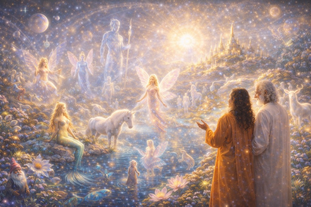 Illustration de la multitude de vie astrale sur Hiranyaloka sous forme de gnomes, lutins, sirènes, fées et autres animaux mythologiques.
