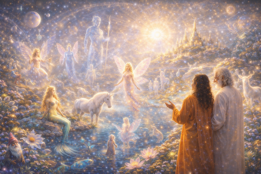 Illustration de la multitude de vie astrale sur Hiranyaloka sous forme de gnomes, lutins, sirènes, fées et autres animaux mythologiques.