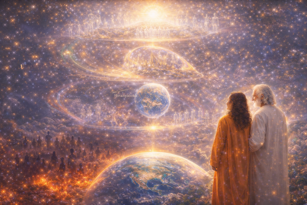 Illustration des sphères de vies du bas astral, matériel, moyen et haut astral où est situé Hiranyaloka, causal et au-delà.