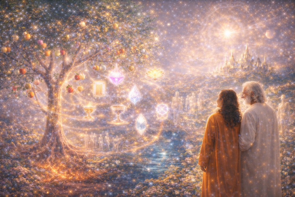 Illustration : un arbre peut produire des fruits différents selon le souhait d'une personne, et toute forme vibratoire peut être créé par la pensée sans effort sur Hiranyaloka.