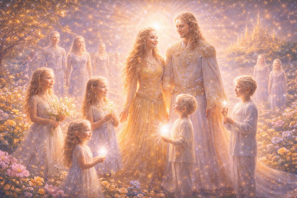 Illustration d'une famille sur Hiranyaloka, constituée par affinité spirituelle.