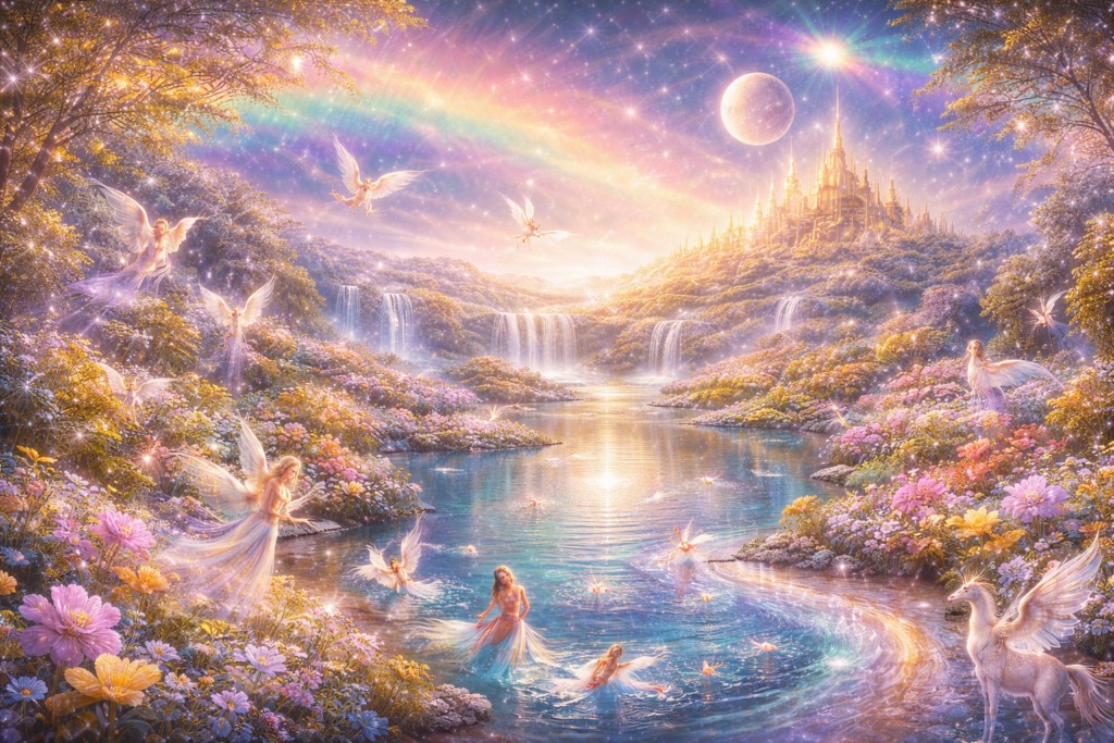 Illustration de la vie sous plusieurs formes d'êtres dans la nature fluide et lumineuse de  Hiranyaloka.