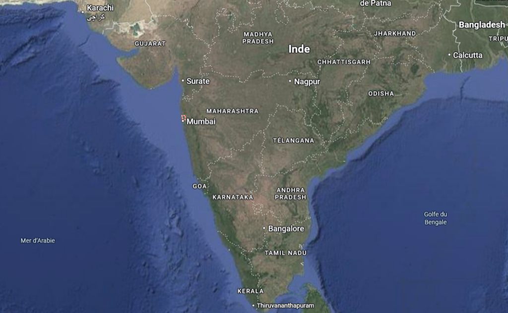 Localisation de Bombay (nom indien :  Mumbaï) en Inde.